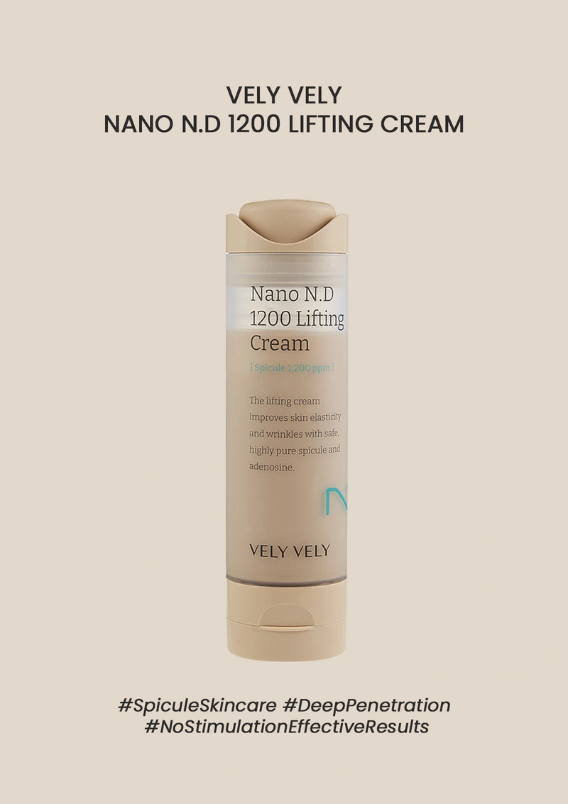 Vely Vely Nano N.D 1200 Lifting Cream bottle on a beige background