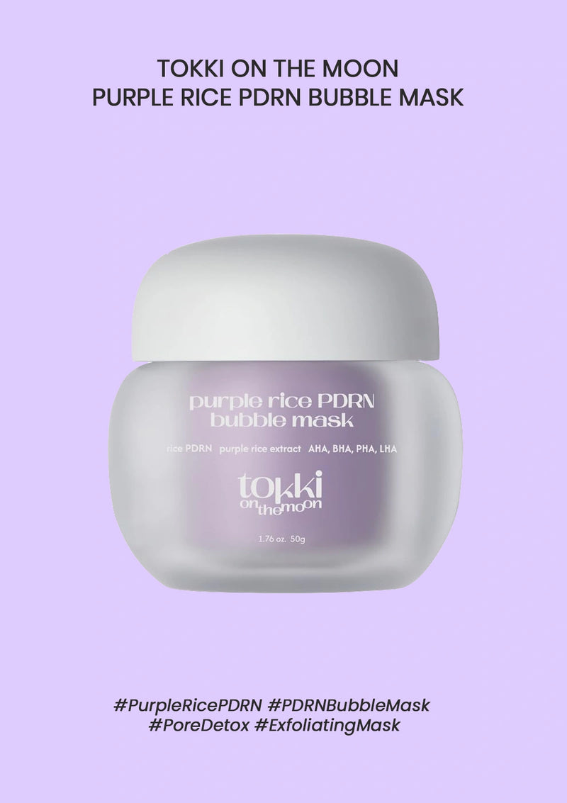 Tokki on the Moon Purple Rice PDRN Bubble Mask in a frosted glass jar with a white lid, centered on a light purple background with text above and below.