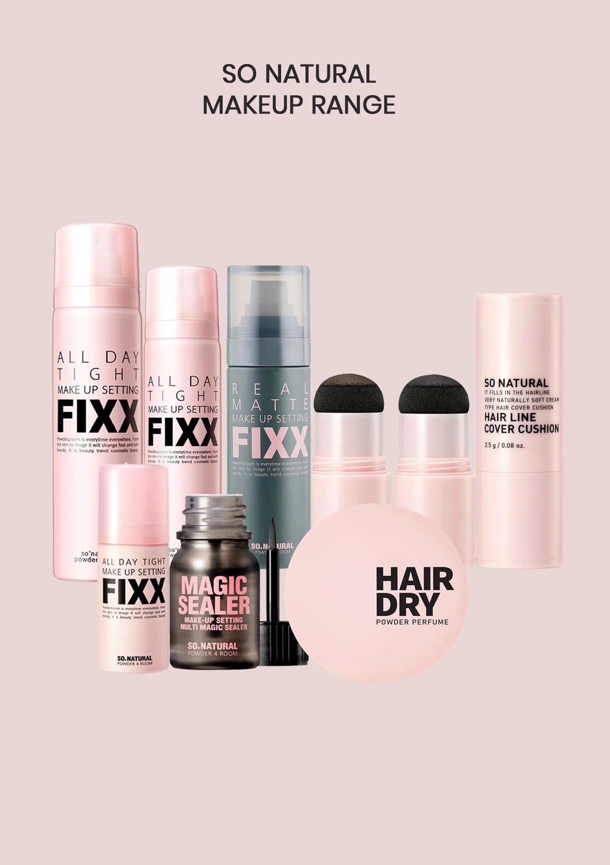 Collection of 'So Natural' makeup and hair care products on a light pink background