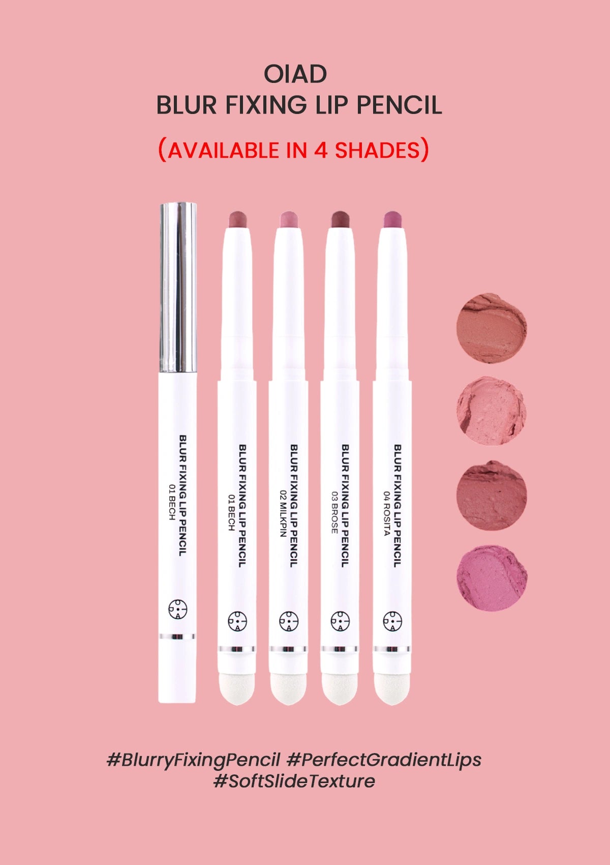 OIAD Blur Fixing Lip Pencils on a pink background with color swatches.