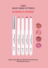 OIAD Blur Fixing Lip Pencils on a pink background with color swatches.