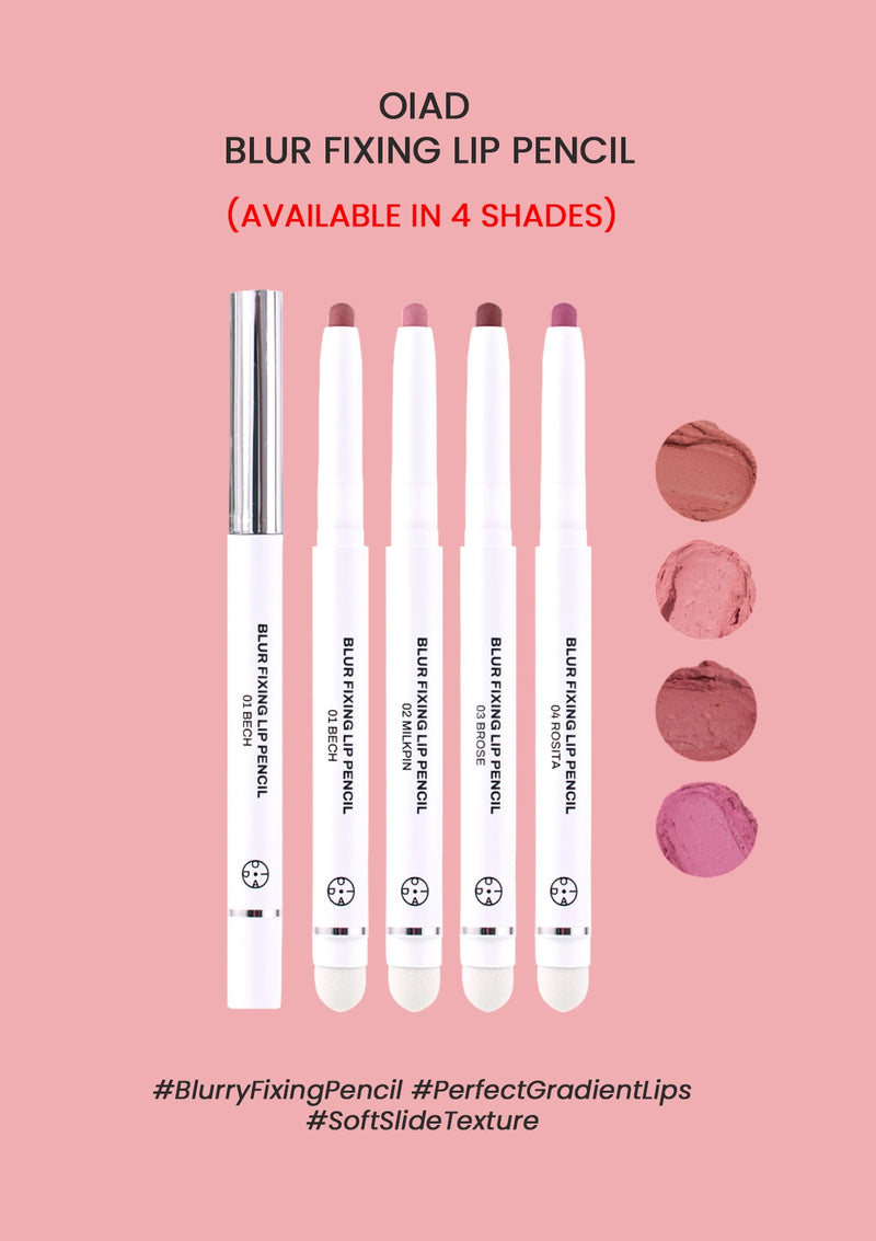 OIAD Blur Fixing Lip Pencils on a pink background with color swatches.