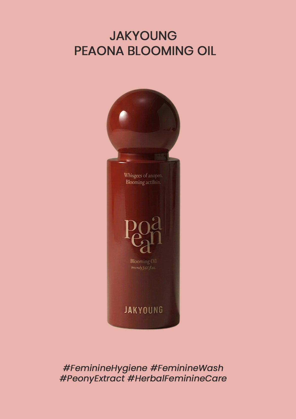 Red bottle of Jakyoung Peaona Blooming Oil on a pink background