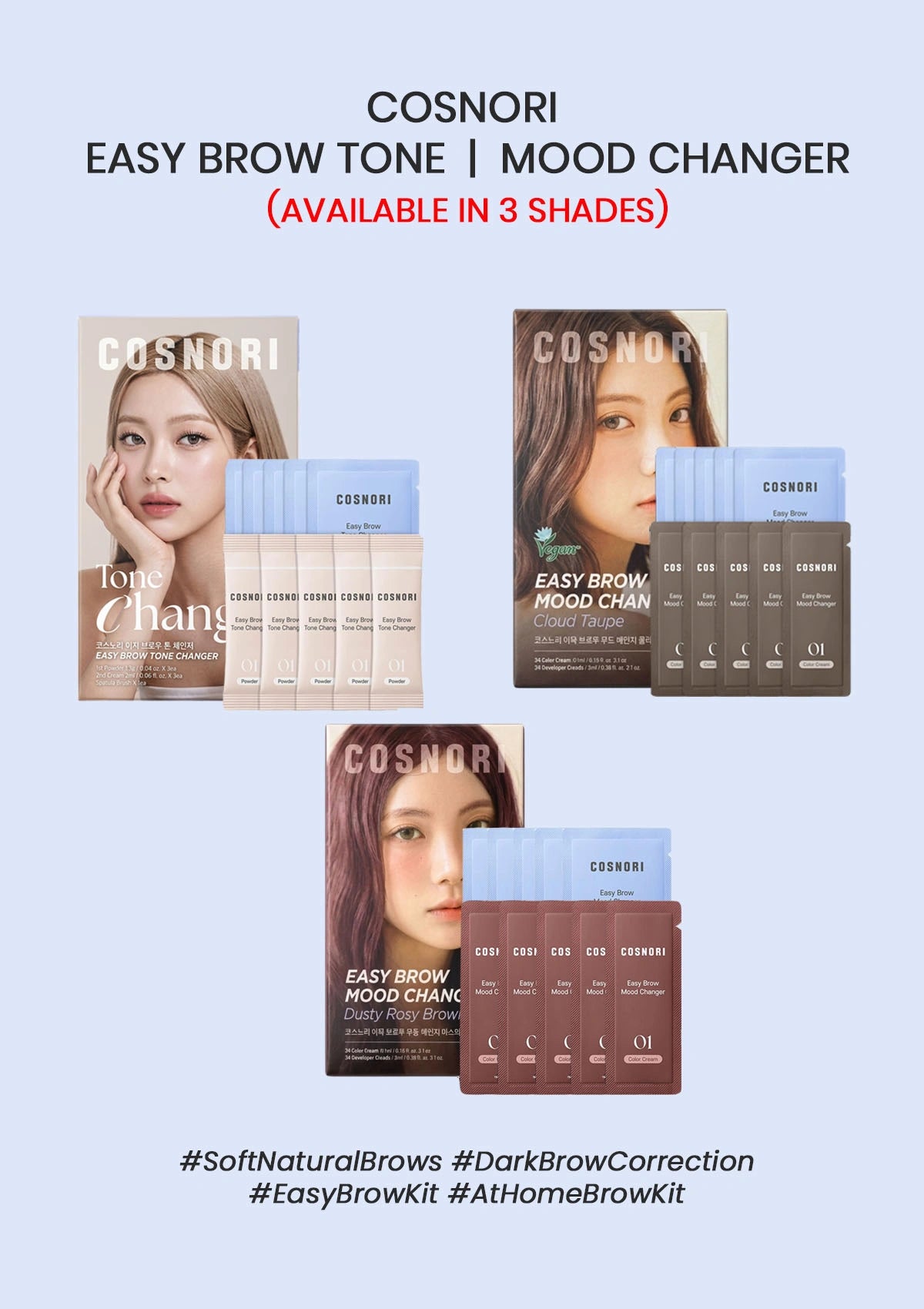Cosnori Easy Brow Tone Mood Changer packaging on a light blue background