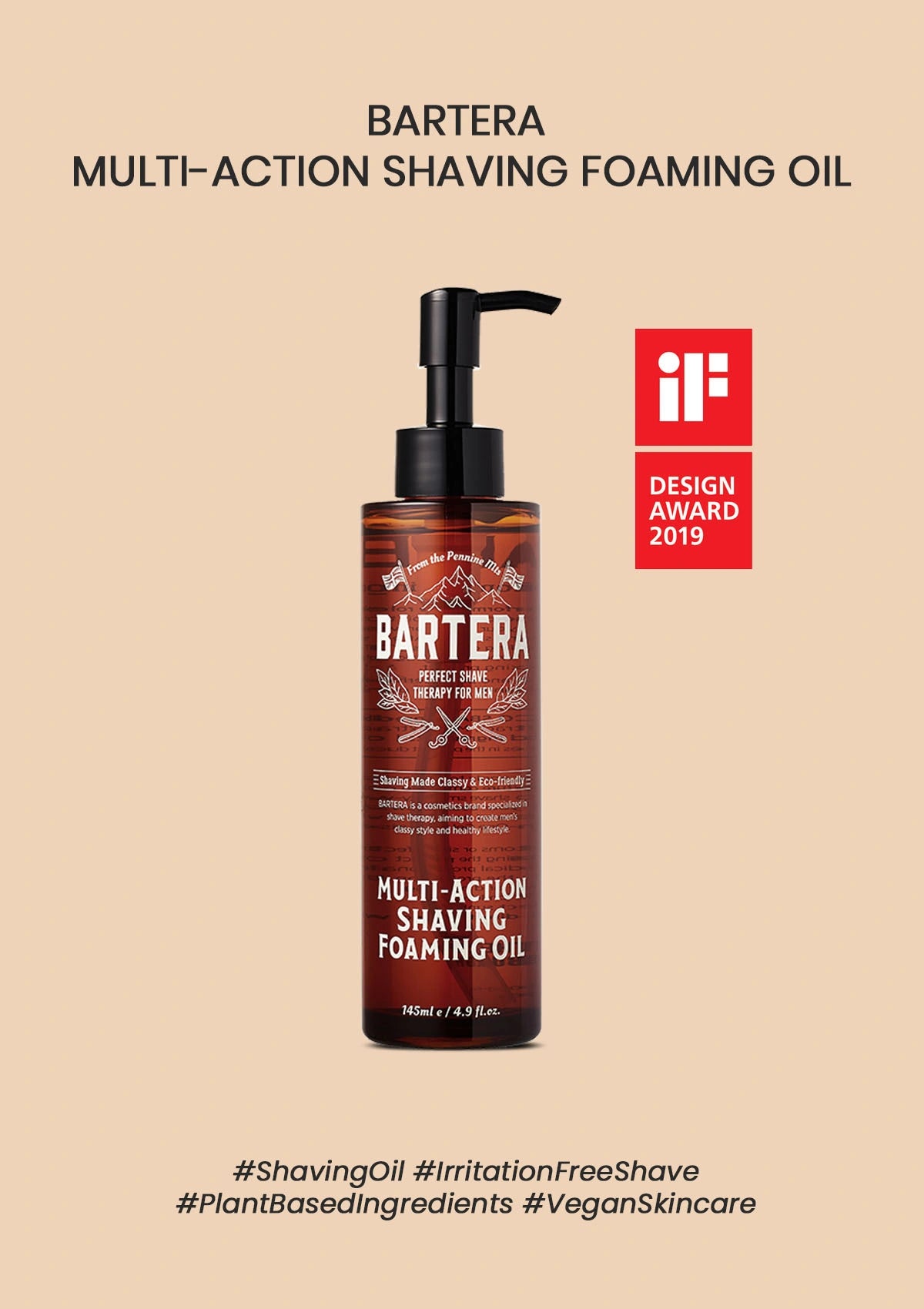 Bartera multi-action shaving foaming oil bottle with pump on a beige background