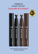 F:B Scalp Tattoo products on a blue background with branding and product details.
