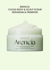 Arencia Cloud Body & Scalp Scrub container with text on a light green background