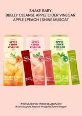 Five packets of Apple Cider Vinegar drinks on a pink background with text.