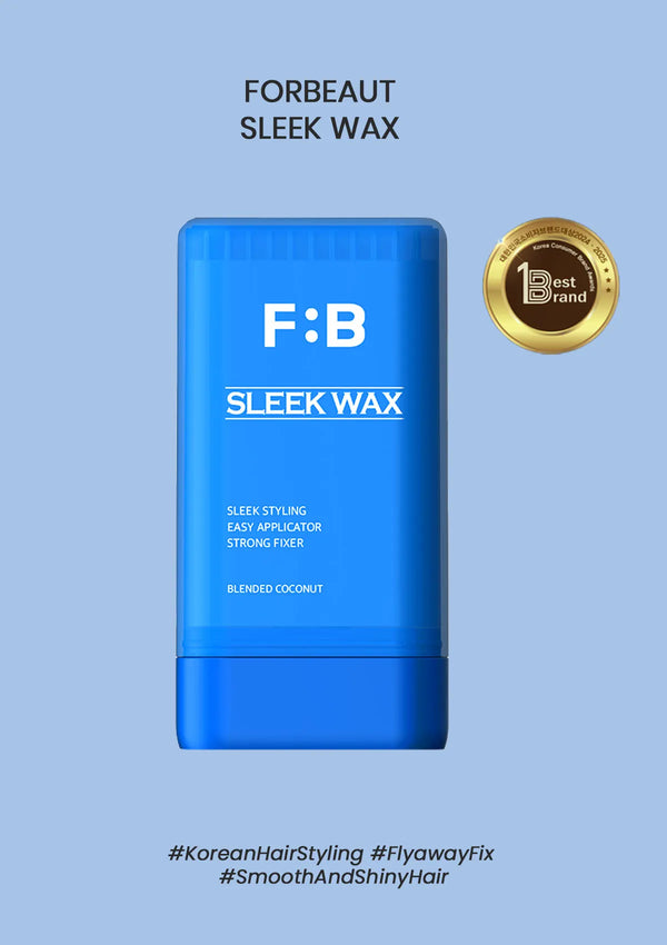 Blue container of F:B Sleek Wax on a light blue background with branding and product details.