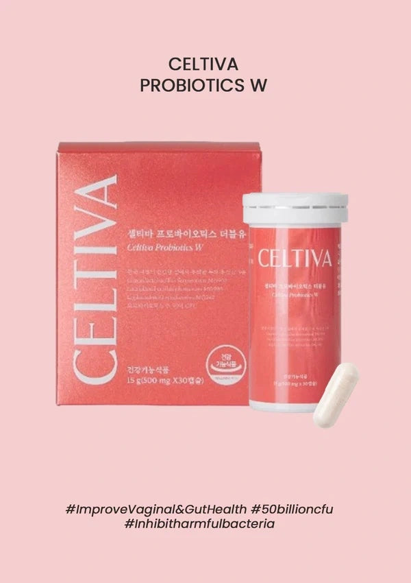 Celtiva Probiotics W supplement packaging on a solid pink background, featuring a red box, a matching red cylindrical bottle with a white cap, and a single white capsule.
