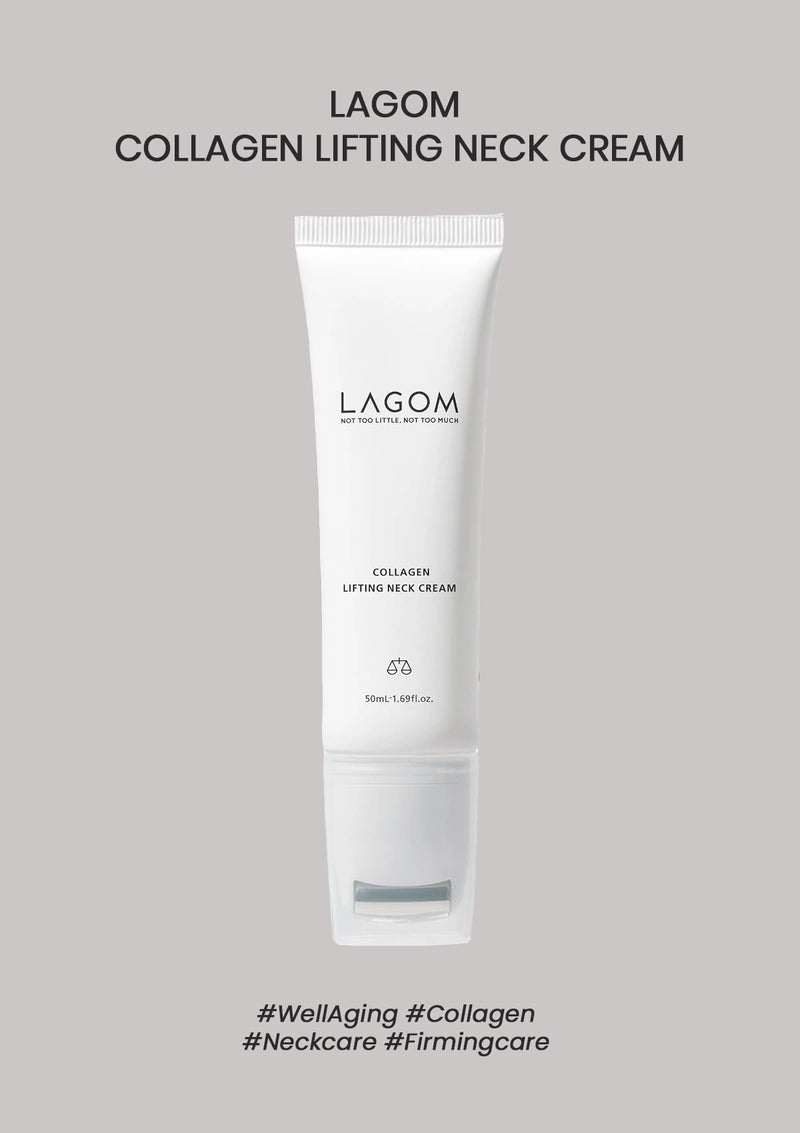 LAGOM Collagen Lifting Neck Cream 50ml tube with roller on a warm grey background