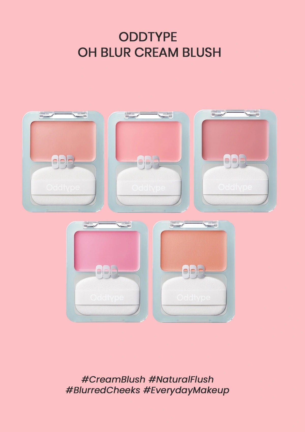 Five cream blush products in packaging on a pink background with text and hashtags.