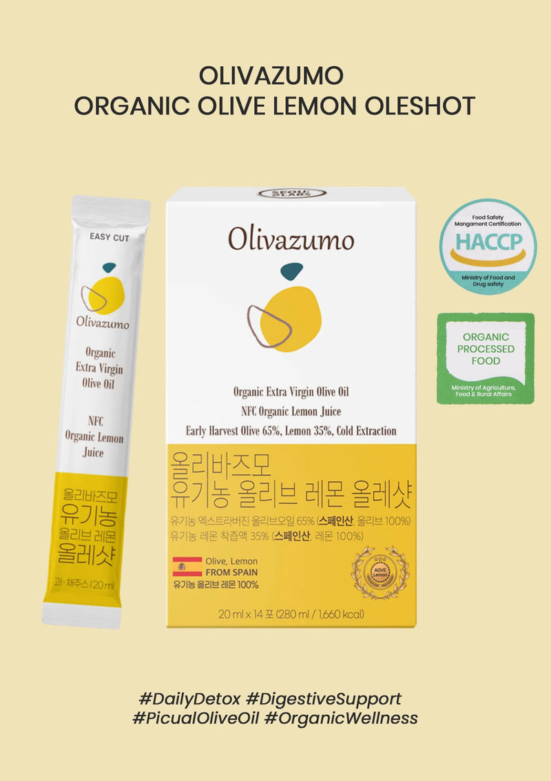 Olivazumo Organic Olive Lemon Oleshot packaging on a beige background