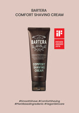 Bartera Comfort Shaving Cream tube on a beige background with iF Design Award logo.