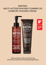 Bartera multi-action shaving foaming oil and comfort shaving cream on a beige background with a Design Award logo.