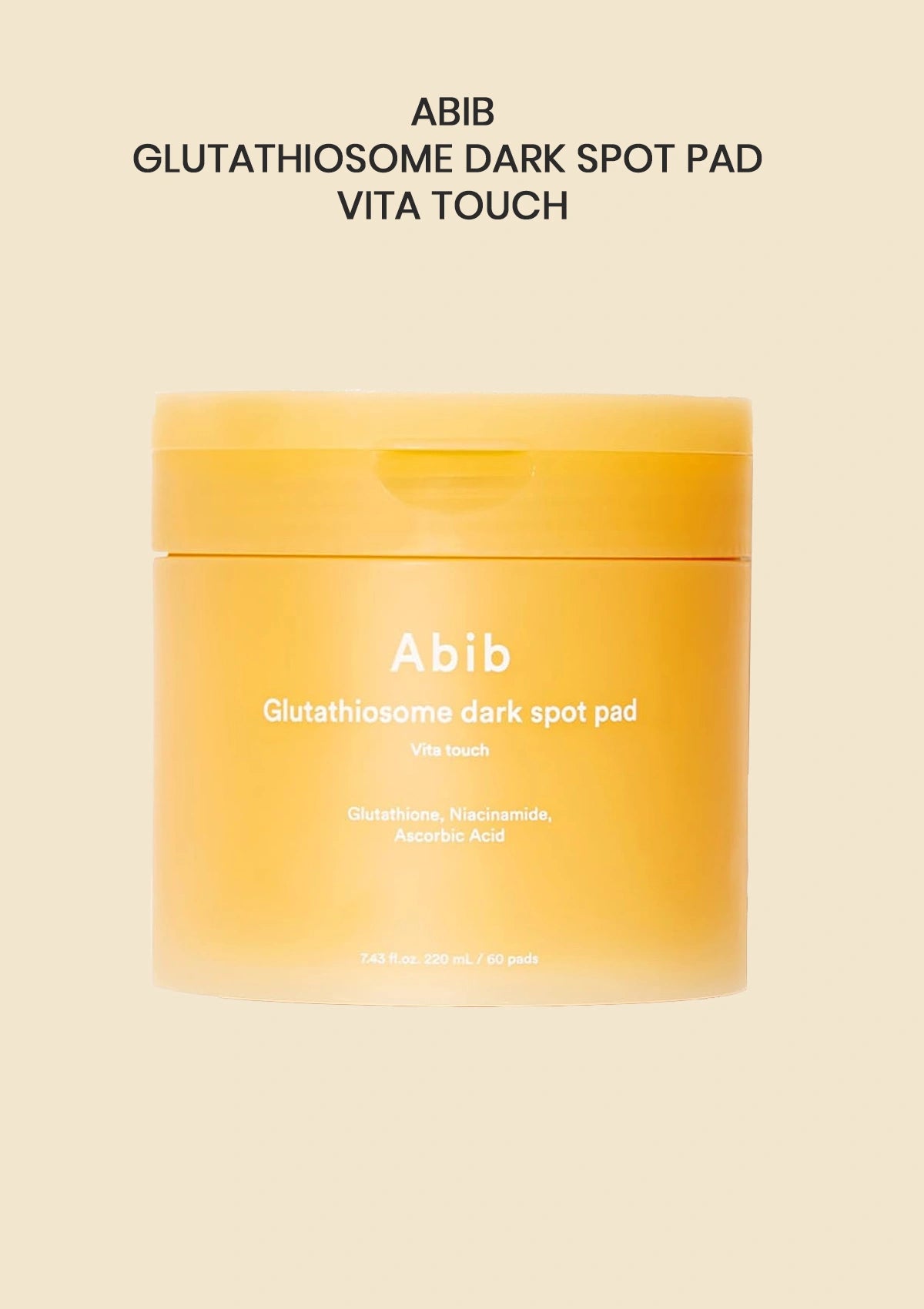 A beige cosmetic jar labeled 'Abib Glutathione Kojic AICD Eye Patch Vita Jelly' on a solid pale beige background, with additional text above reading 'ABIB GLUTATHIONE KOJIC AICD EYE PATCH VITA JELLY'.