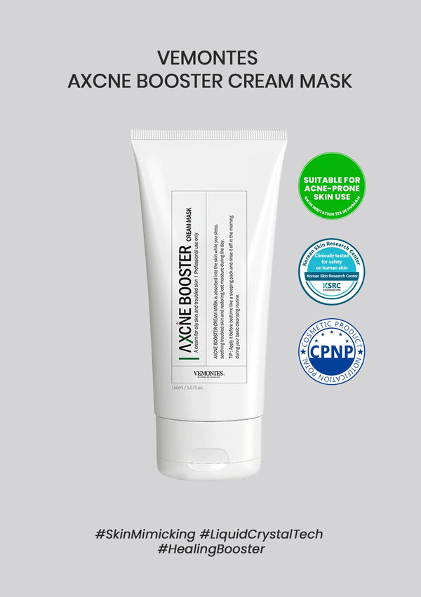 Vemontes AXCNE BOOSTER CREAM MASK with certification logos on a gray background