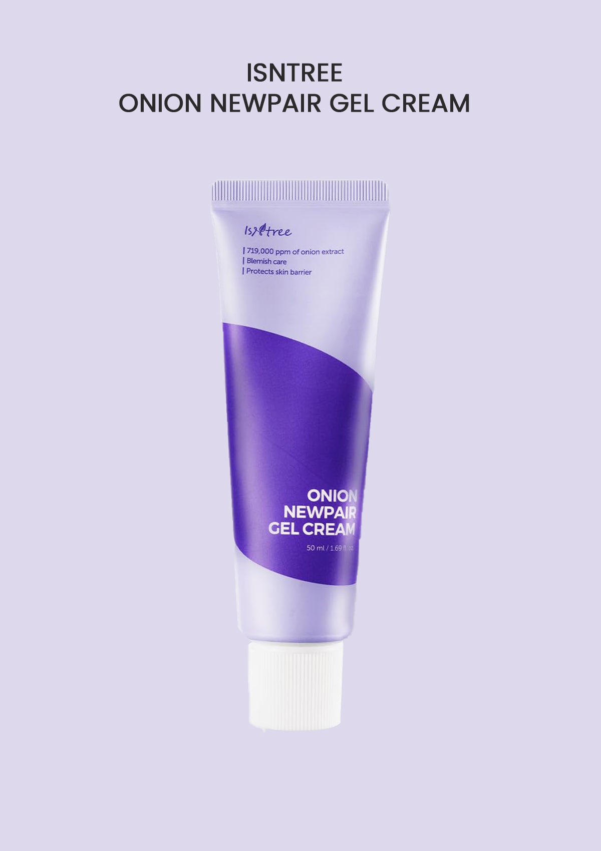 A tube of ISNTREE Onion Newpair Gel Cream with purple and white branding.
