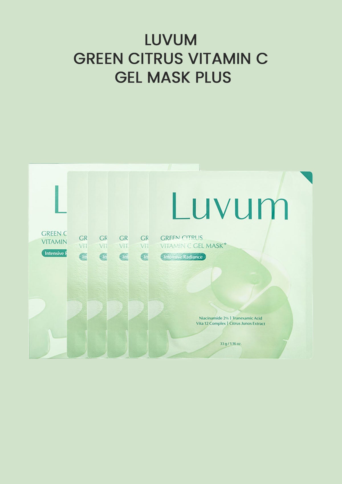 Luvum Green Citrus Vitamin C Gel Mask Plus packaging on a light green background