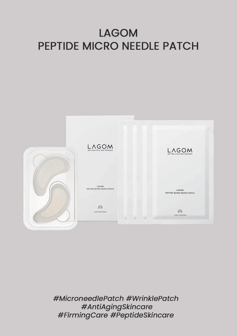 LAGOM Peptide Micro Needle Patch box, four-pair pouches and crescent patches on a warm grey background