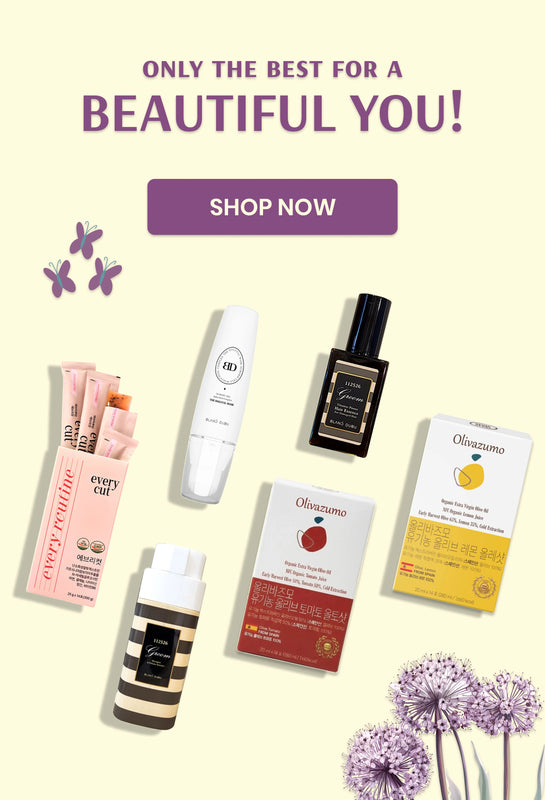 Collection of skincare products with promotional text 'Only the best for a beautiful you! Shop now' on a light background.
