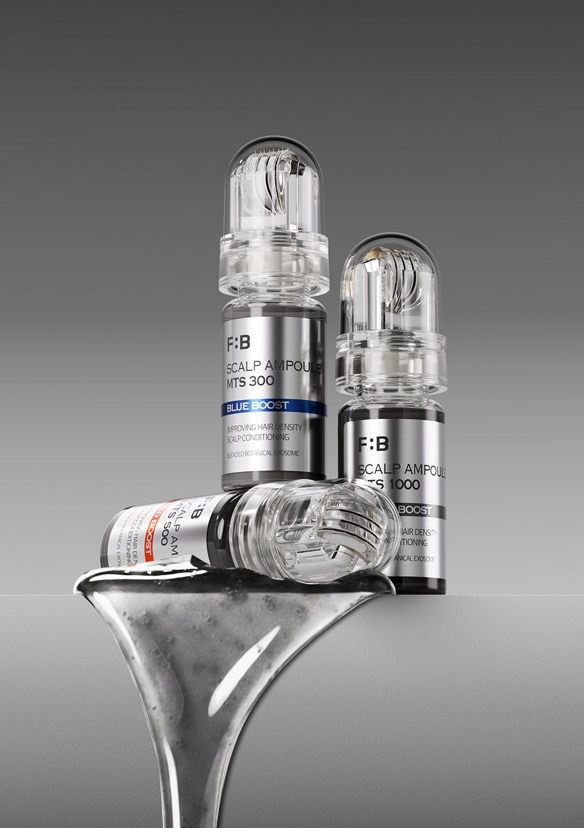 Three medical ampoules on a metallic surface with a gray background