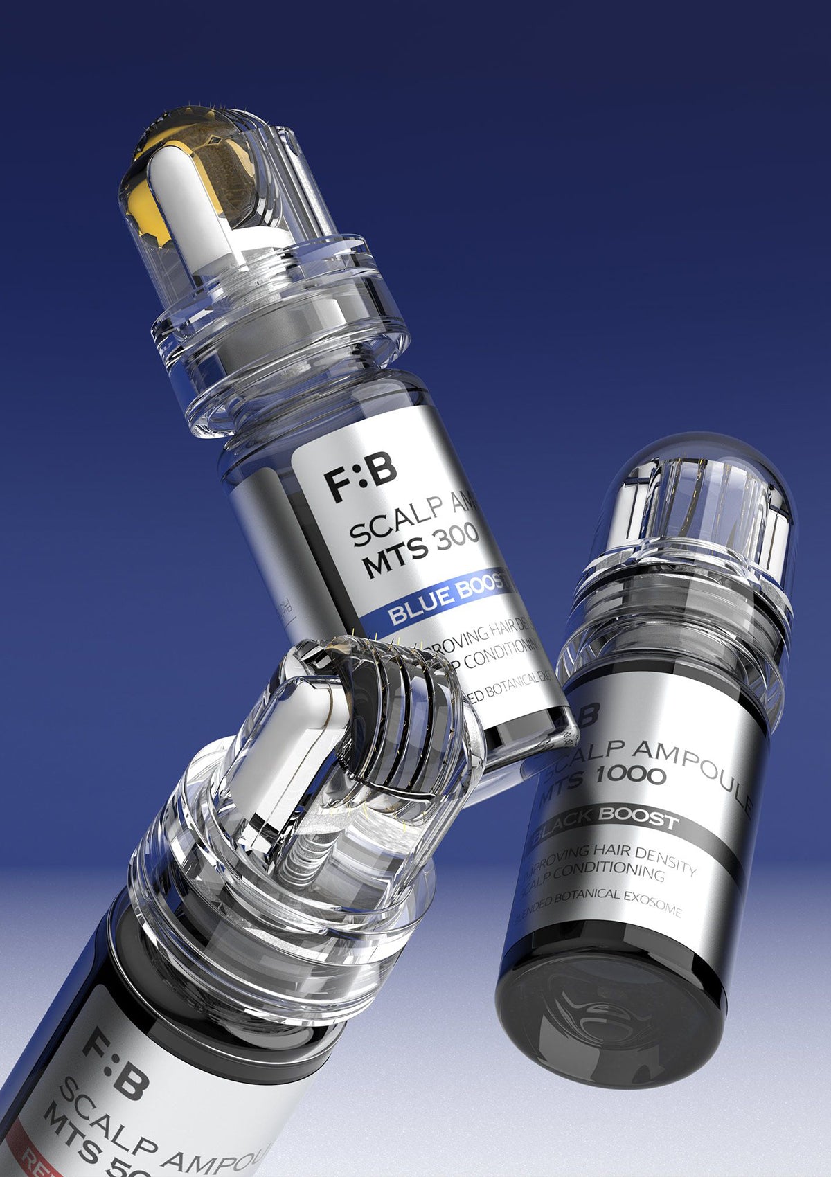 F:B Scalp Ampoule MTS 300 and 1000 on a gradient blue and gray background