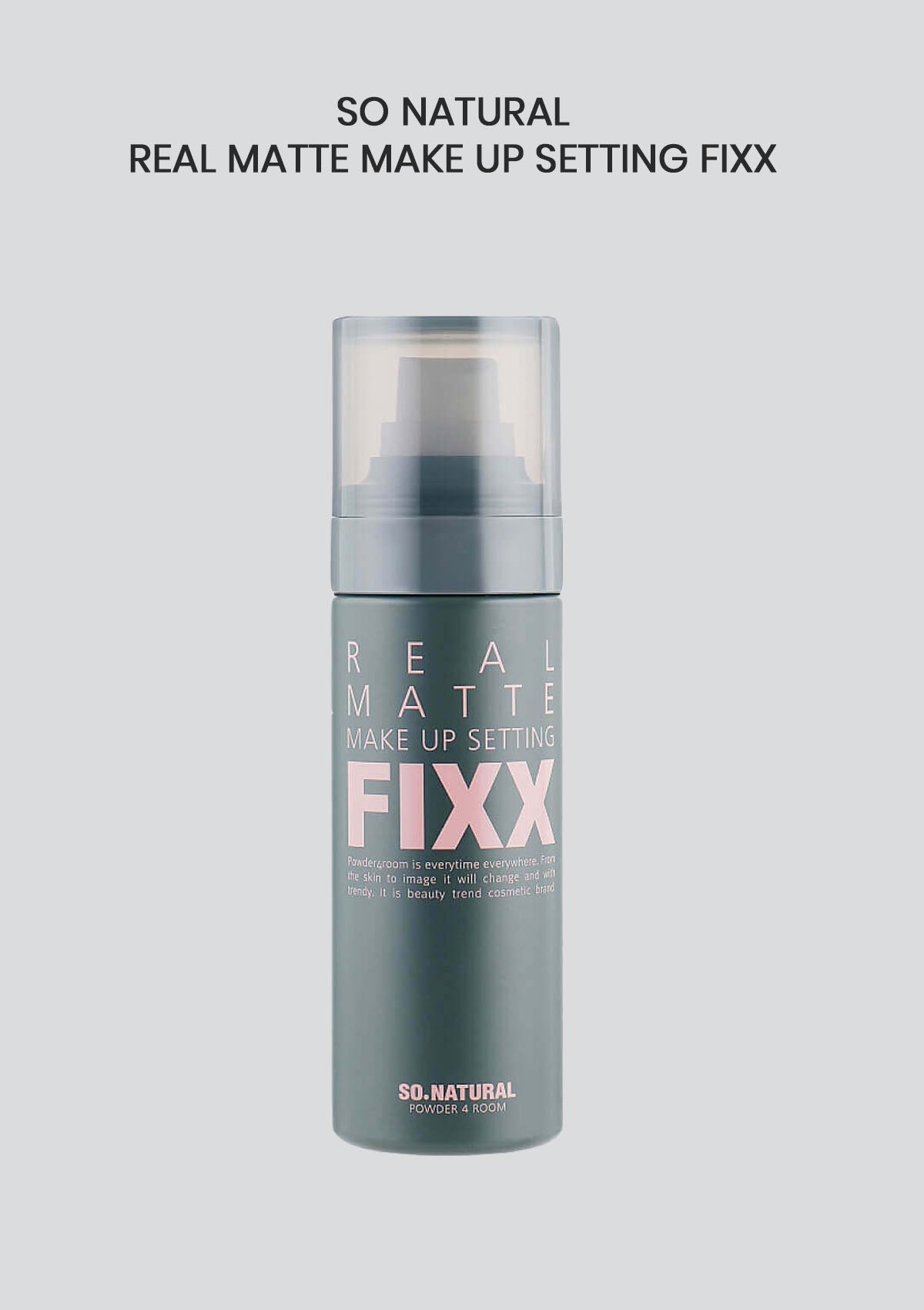 Makeup setting spray bottle labeled 'Real Matte Fixx' on a light gray background