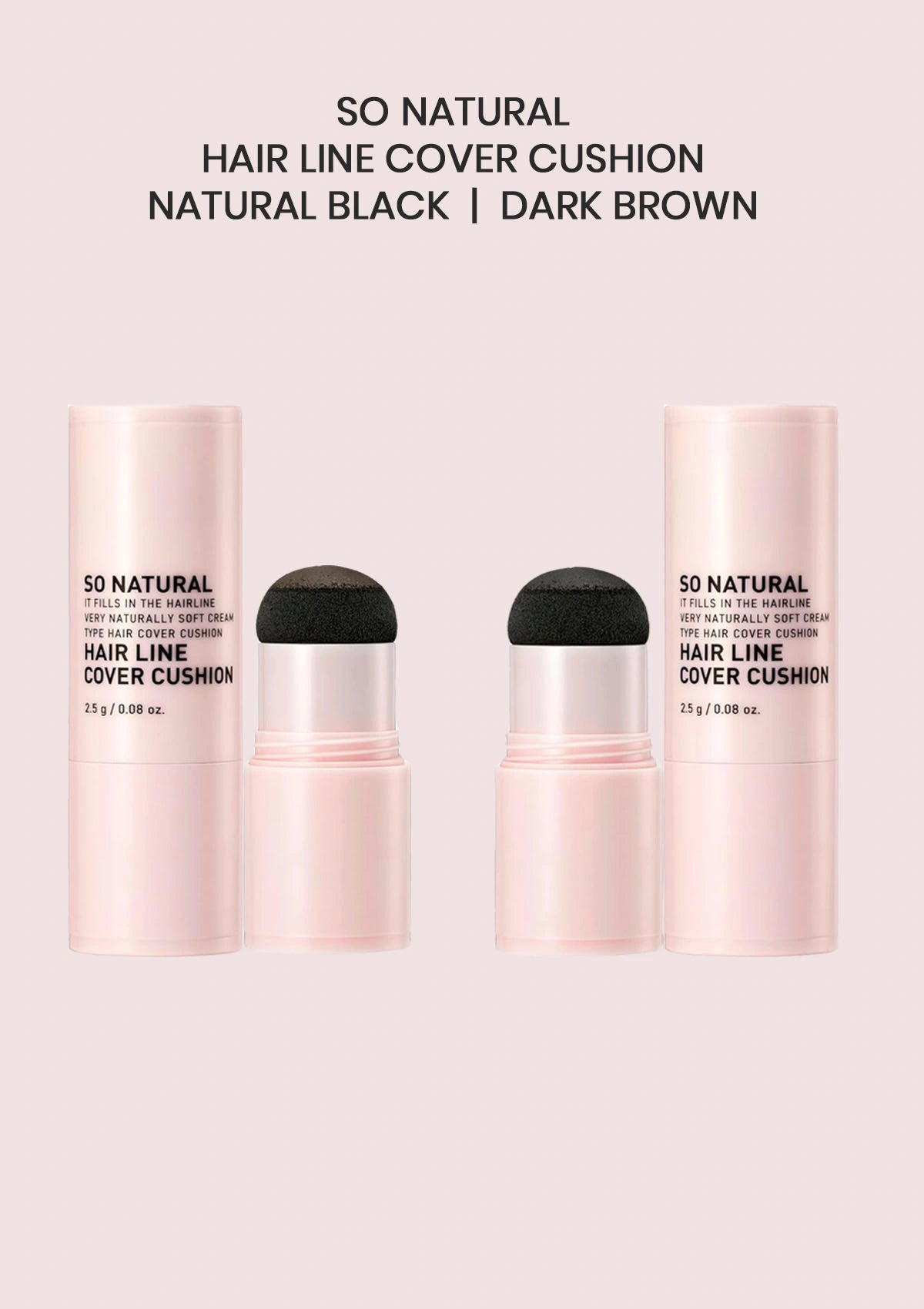 Three hair line cover cushion products with black applicators on a light pink background.