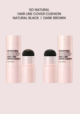 Three hair line cover cushion products with black applicators on a light pink background.