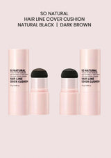 Three hair line cover cushion products with black applicators on a light pink background.