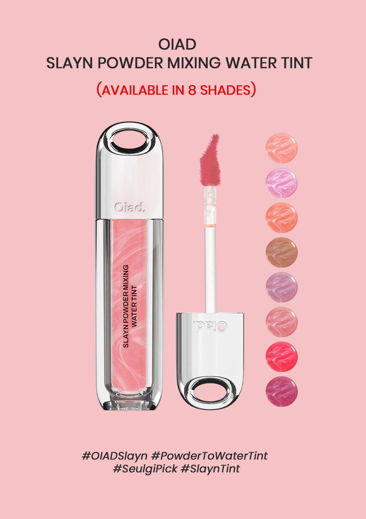 OIAD Slayn Powder Mixing Water Tint with applicator and color swatches on a pink background