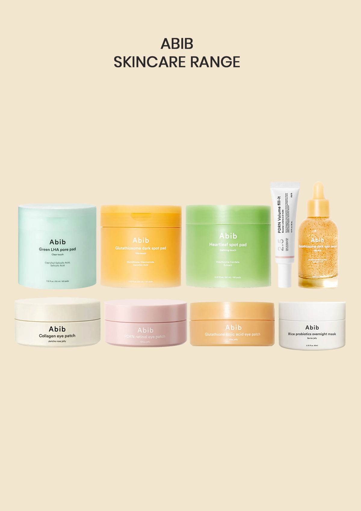 ABIB Skincare Range collection featuring eight products in various pastel and vibrant shades, including creams, serums, and masks, arranged neatly on a solid beige background.