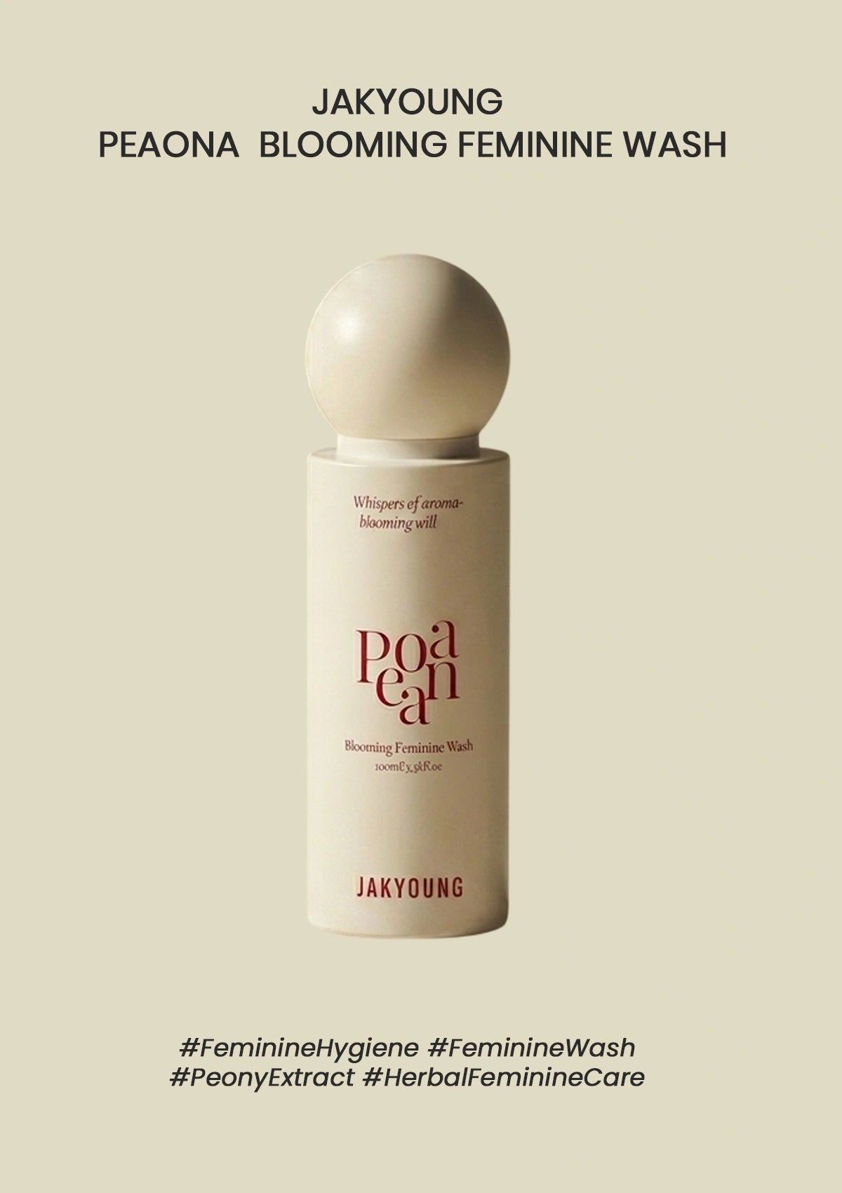JAKYOUNG Peaona Blooming Feminine Wash bottle on a beige background
