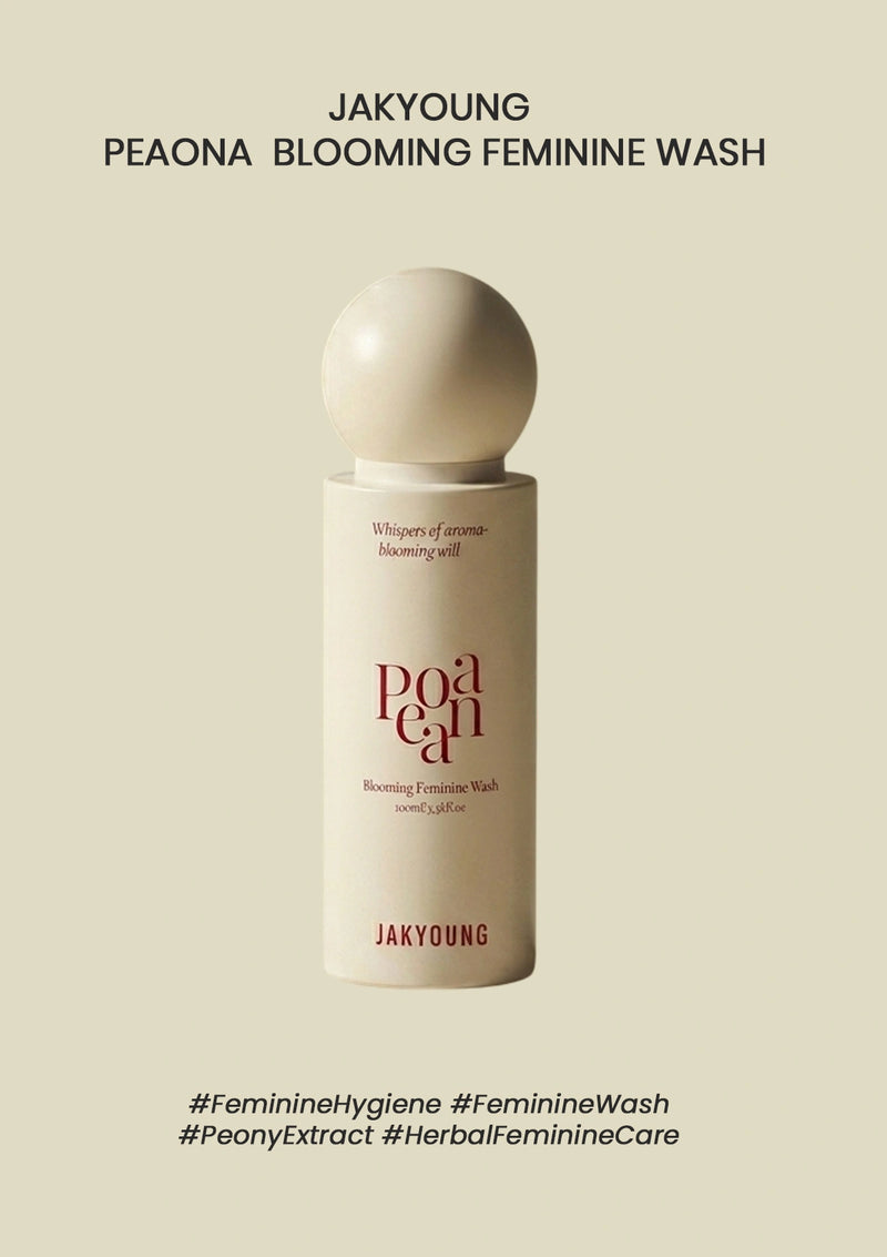 JAKYOUNG Peaona Blooming Feminine Wash bottle on a beige background