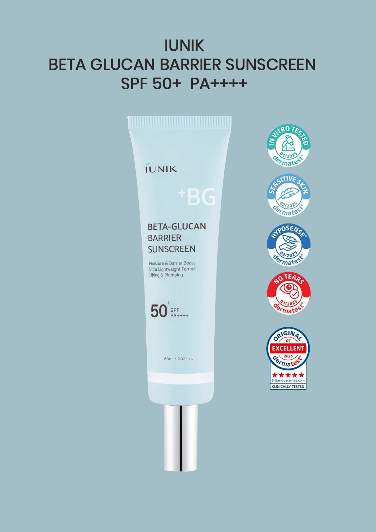 IUNIK Beta Glucan Barrier Sunscreen SPF 50+ PA++++ on a light blue background with certification logos.