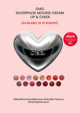 Heart-shaped Oiad Silverpulse Mousse Cream container with color swatches on a pink background