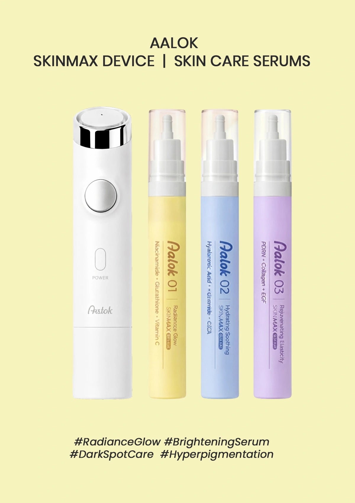A promotional graphic for the Aalok Skinmax Device with four skincare serums. The image shows a white handheld device on the left and three spray bottles in pastel yellow, blue, and purple on the right, set against a pale yellow background with text labels.
