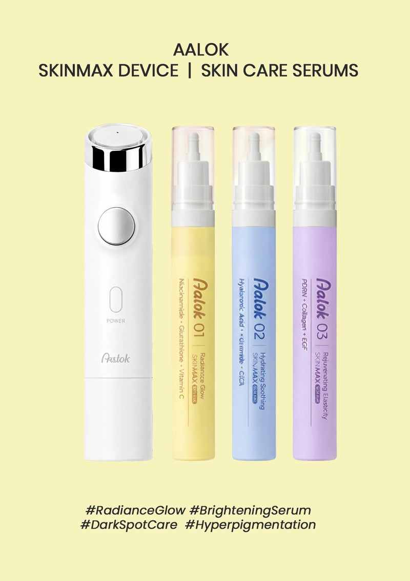 A promotional graphic for the Aalok Skinmax Device with four skincare serums. The image shows a white handheld device on the left and three spray bottles in pastel yellow, blue, and purple on the right, set against a pale yellow background with text labels.