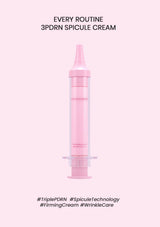 A pink and clear cosmetic syringe-style applicator labeled '3PDRN Spicule Cream' centered on a pale pink background, with headline text at the top and hashtag text at the bottom.
