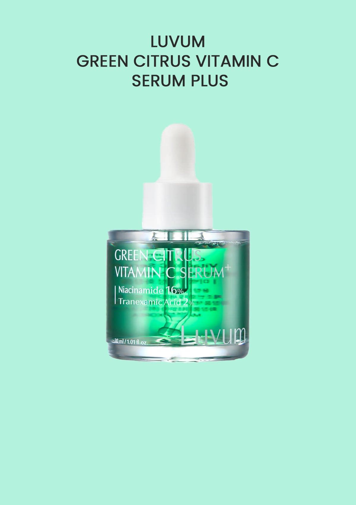 LUVUM Green Citrus Vitamin C Serum Plus bottle on a light green background