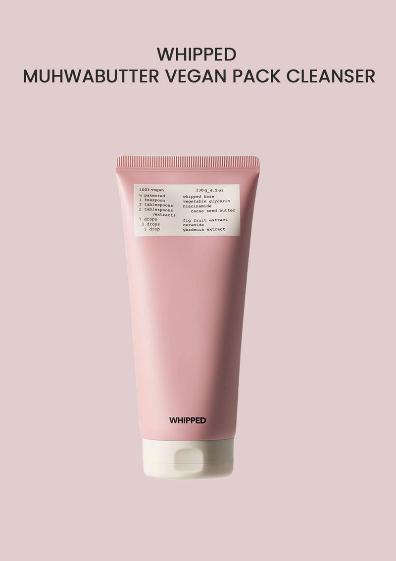 Pink tube of 'WHIPPED MUHWABUTTER' vegan pack cleanser on a light pink background