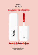 Oiad Liptique lip product with color swatches on a pink background