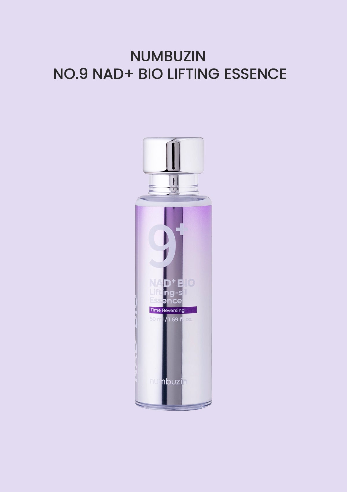 A bottle of NUMBUZIN No.9 NAD+ Bio Lifting Essence against a purple background.