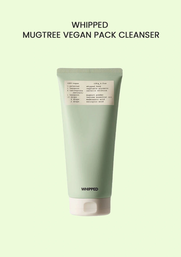 Green tube of 'WHIPPED' Mugtree Vegan Pack Cleanser on a light green background