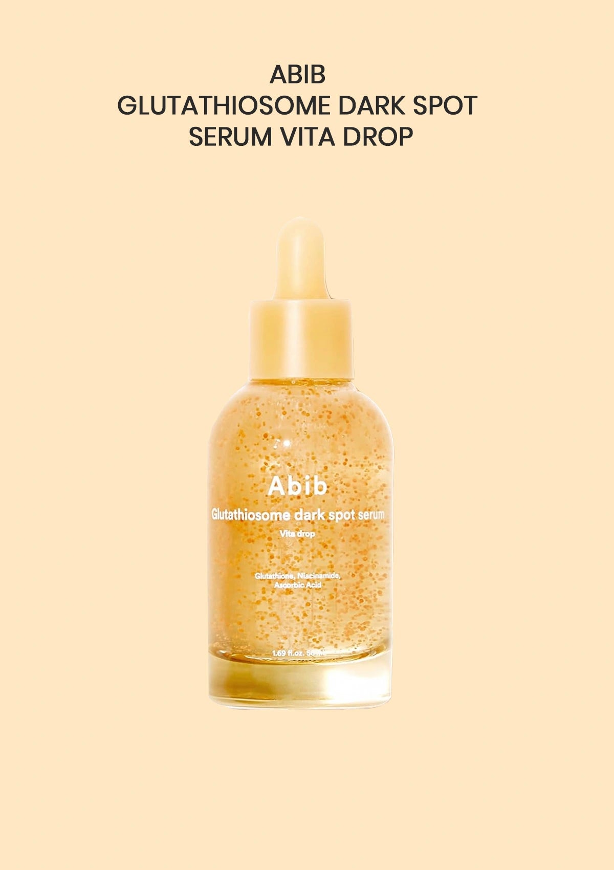 A bottle of Abib Glutathiosome Dark Spot Serum Vita Drop centered on a warm beige background, with black text above reading 'ABIB GLUTATHIOSOME DARK SPOT SERUM VITA DROP'. The bottle is clear with golden serum inside and a pale gold dropper cap.