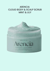 Arencia cloud body & scalp scrub jar on a light green background