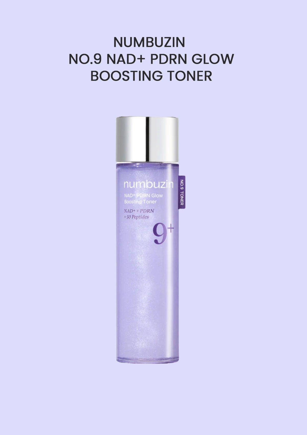 Numbuzin NO.9 NAD+ PDRN Glow Boosting Toner bottle on a light purple background