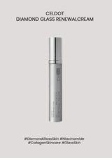 A silver cosmetic tube labeled Celdot Diamond Glass Renewal Cream, centered on a light gray background with black text above and hashtags below.