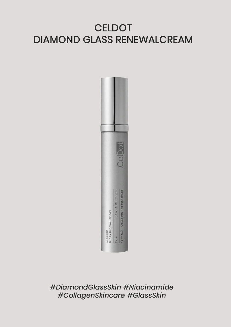 A silver cosmetic tube labeled Celdot Diamond Glass Renewal Cream, centered on a light gray background with black text above and hashtags below.